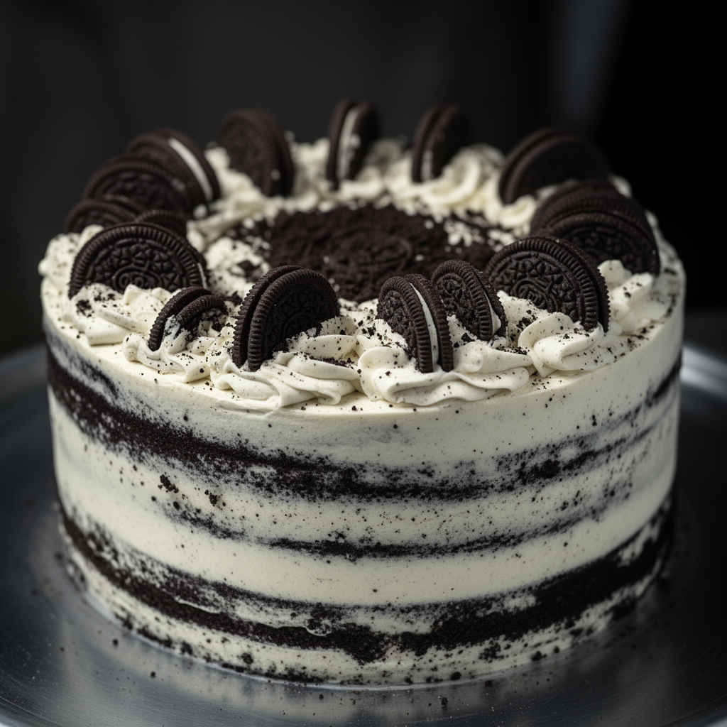 Oreo cake with white frosting and chocolate cookies on a dark background