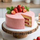 Pink strawberry cake with a slice cut out on a wooden stand.